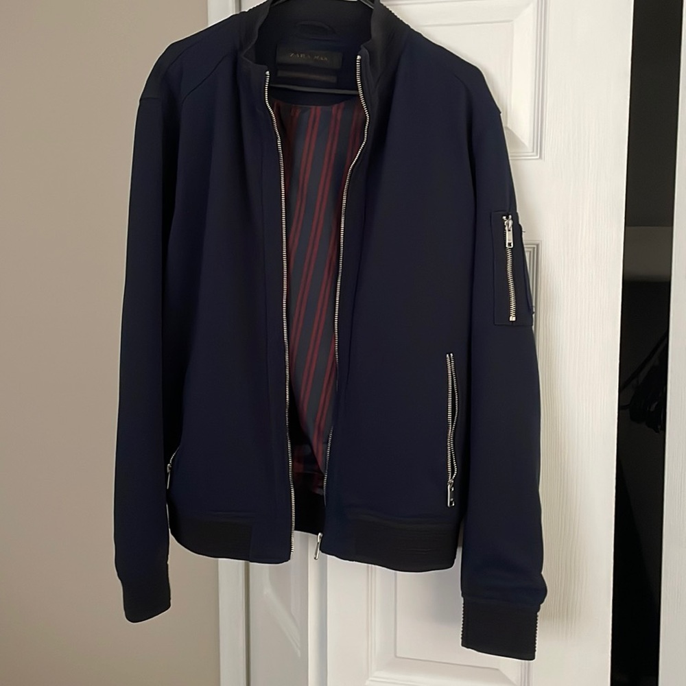 Zara Man blue woven bomber jacket. Size is XL but NOTE this fits more like a L.